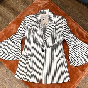 CAbi Black and White Striped Blazer With Ruffled Sleeves (Size 6)